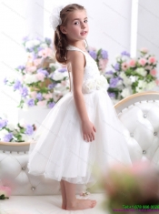 Adorable Halter Top White Mini Length Little Girl Pageant Dress with Hand Made Flower