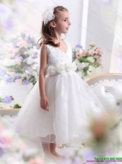 Adorable Halter Top White Mini Length Little Girl Pageant Dress with Hand Made Flower