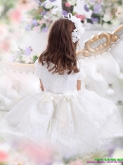 Adorable Lace 2015 White Little Girl Pageant Dress with Short Sleeves and Bownot
