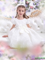 Adorable Lace 2015 White Little Girl Pageant Dress with Short Sleeves and Bownot