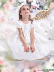 Adorable Lace 2015 White Little Girl Pageant Dress with Short Sleeves and Bownot