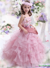 Adorable Rose Pink Little Girl Pageant Dress with Hand Made Flowers and Ruffled Layers