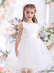Adorable Scoop Tea Length White 2015 Little Girl Pageant Dress with Sash