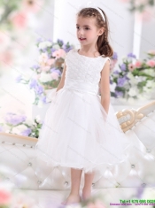 Adorable Scoop Tea Length White 2015 Little Girl Pageant Dress with Sash
