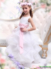 Adorable Scoop White Little Girl Pageant Dress with Sash and Ruffles