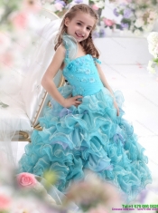 Adorable Straps Appliques and Ruffled Layers Pageant Dresses for Kids in Aque Blue