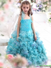 Adorable Straps Appliques and Ruffled Layers Pageant Dresses for Kids in Aque Blue