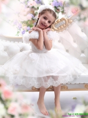 Adorable White Halter Top Little Girl Pageant Dress with Hand Made Flower