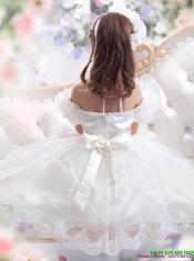 Adorable White Halter Top Little Girl Pageant Dress with Hand Made Flower