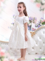 Adorable White Scoop 2015 Little Girl Pageant Dress with Bownot and Cap Sleeves