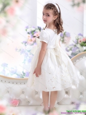 Adorable White Scoop 2015 Little Girl Pageant Dress with Bownot and Cap Sleeves