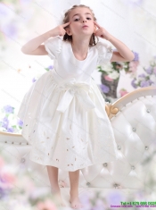 Adorable White Scoop 2015 Little Girl Pageant Dress with Bownot and Cap Sleeves