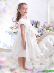 Adorable White Scoop 2015 Little Girl Pageant Dress with Bownot and Cap Sleeves