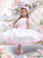 Adorable White Scoop Little Girl Pageant Dress with Light Pink Bownot