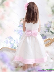 Adorable White Scoop Little Girl Pageant Dress with Light Pink Bownot