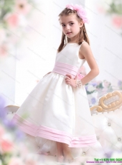 Adorable White Scoop Little Girl Pageant Dress with Light Pink Bownot