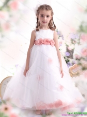 White Little Girl Adorable Pageant Dresses with Pink Waistband and Hand Made Flower