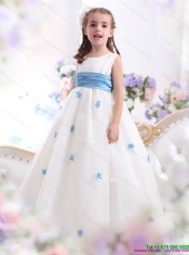 White Scoop Adorable Little Girl Pageant Dress with Baby Blue Waistband and Appliques