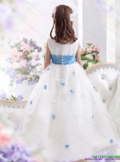 White Scoop Adorable Little Girl Pageant Dress with Baby Blue Waistband and Appliques