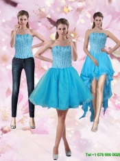 2015 Detachable Aqua Blue Strapless Short Prom Dresses with Beading