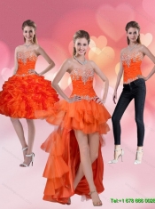 2015 Detachable High Low Sweetheart Orange Red Prom Dresses with Ruffles and Beading