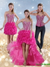 Detachable 2015 Hot Pink High Low Sweetheart Prom Dresses with Beading and Ruffled Layers
