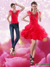 Detachable 2015 Knee Length Red Dama Dress with Beading and Ruffles