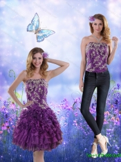 Detachable 2015 Strapless Purple Prom Dress with Appliques and Ruffles