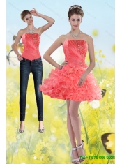 Detachable 2015 Watermelon Red Strapless Prom Dresses with Beading and Ruffles
