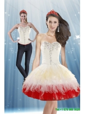 Detachable 2015 White and Red Prom Dress with Beading and Ruffled Layers
