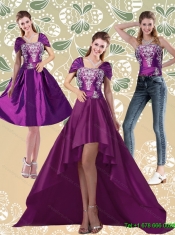 Detachable High Low Embroidery Dark Purple Prom Dresses for 2015