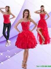 Detachable Strapless Red 2015 Prom Dresses with Ruffles and Beading