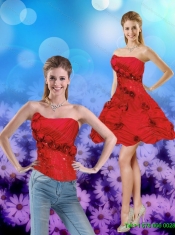 Detachable Strapless Red 2015 Prom Gown with Hand Made Flowers