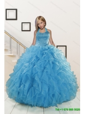 2015 Cheap Teal Sweetheart Quinceanera Dress and Ruching and Beading Short Prom Dresses and Halter Top Ruffles Little Girl Dress