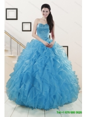 2015 Cheap Teal Sweetheart Quinceanera Dress and Ruching and Beading Short Prom Dresses and Halter Top Ruffles Little Girl Dress