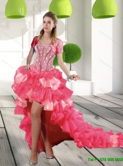 2015 Most Popular Coral Red High-low Prom Dresses with Beading and Ruffled Layers