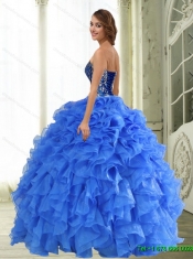 2015 Perfect Beading and Ruffles Strapless Sweet 15 Dresses in Blue