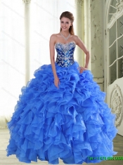 2015 Perfect Beading and Ruffles Strapless Sweet 15 Dresses in Blue