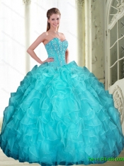 2015 Romantic Beading and Ruffles Sweetheart Quinceanera Dresses in Aqua Blue