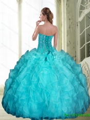 2015 Romantic Beading and Ruffles Sweetheart Quinceanera Dresses in Aqua Blue