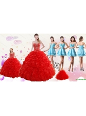 2015 Ruffled Red Quinceanera Gown and Light Blue Sweetheart Beading Prom Dresses and Halter Top Beaded Flower Girl Dress