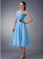 Beading and Ruffles Quinceanera Dress and Strapless Knee Length Baby Blue Dama Dresses and Rufles Cute Flower Girl Dress