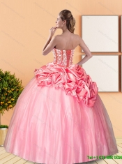 Beautiful 2015 Beading and Pick Ups Sweetheart Quinceanera Dresses in Rose Pink