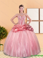 Beautiful 2015 Beading and Pick Ups Sweetheart Quinceanera Dresses in Rose Pink