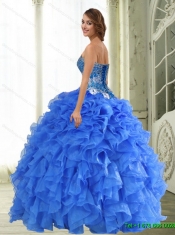 Beautiful Beading and Ruffles Sweetheart Blue Quinceanera Gown for 2015 Spring