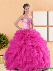 2015 Best  Beading and Ruffles Quinceanera Dresses in Hot Pink