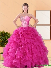 2015 Best Beading and Ruffles Quinceanera Dresses in Hot Pink