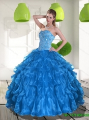 2015 Best Blue Quinceanera Dress with Ruffles and Beading