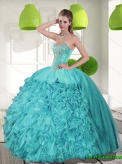 Best Beading and Ruffles Strapless Aqua Blue Quinceanera Dresses for 2015