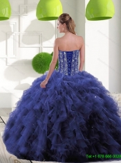 Best Navy Blue Quinceanera Gown with Beading and Ruffles for 2015